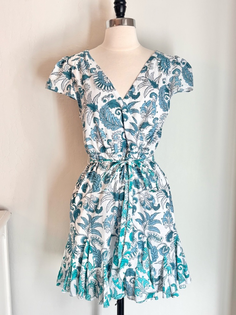 Celina Moon Surplice Floral Print Tie Waist Flutter Cotton Mini Dress, M
